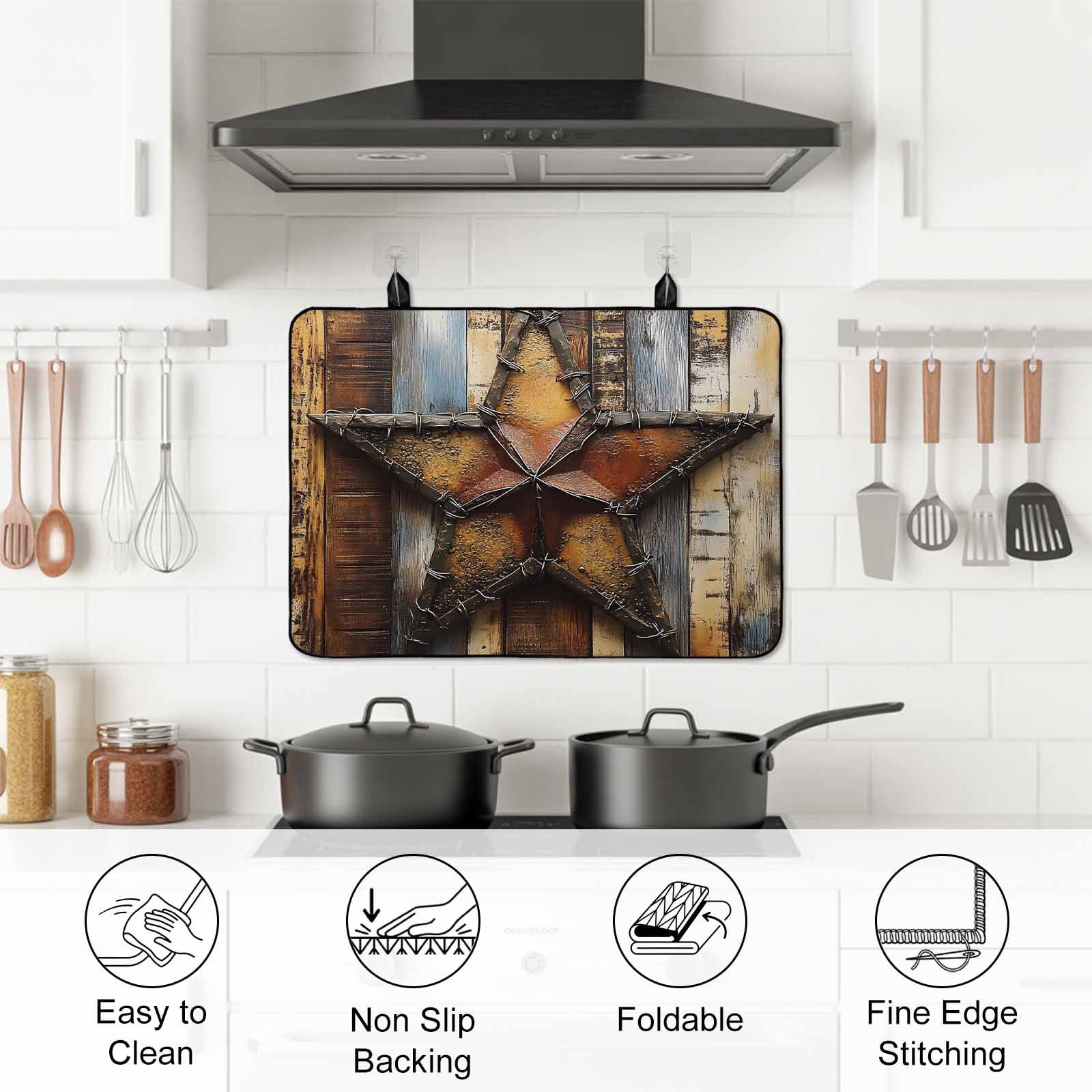 Farmhouse Retro Stove Top Cover for Electric Stove, Heat-proof & Non Slip Glass Top Stove Cover Protector, Brown Country Texas Star Wooden Grain Kitchen Flat Cooktop Rubber Mat 24x21 Inches