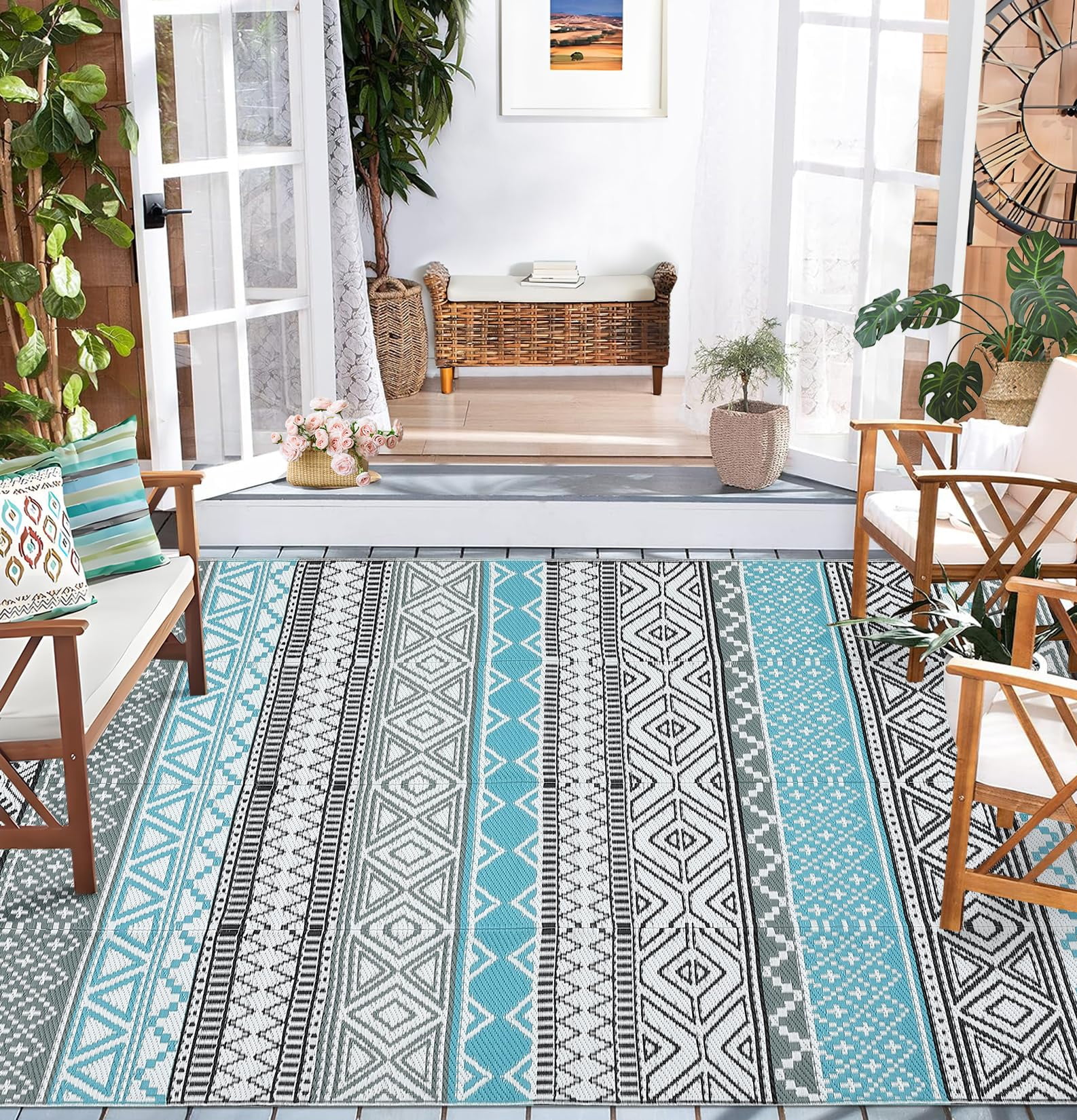 Waterproof & Reversible Outdoor Rug – Durable Patio Carpet for Camping, RV, Deck, Picnic, Porch, Backyard – Lightweight, UV & mark Resistant