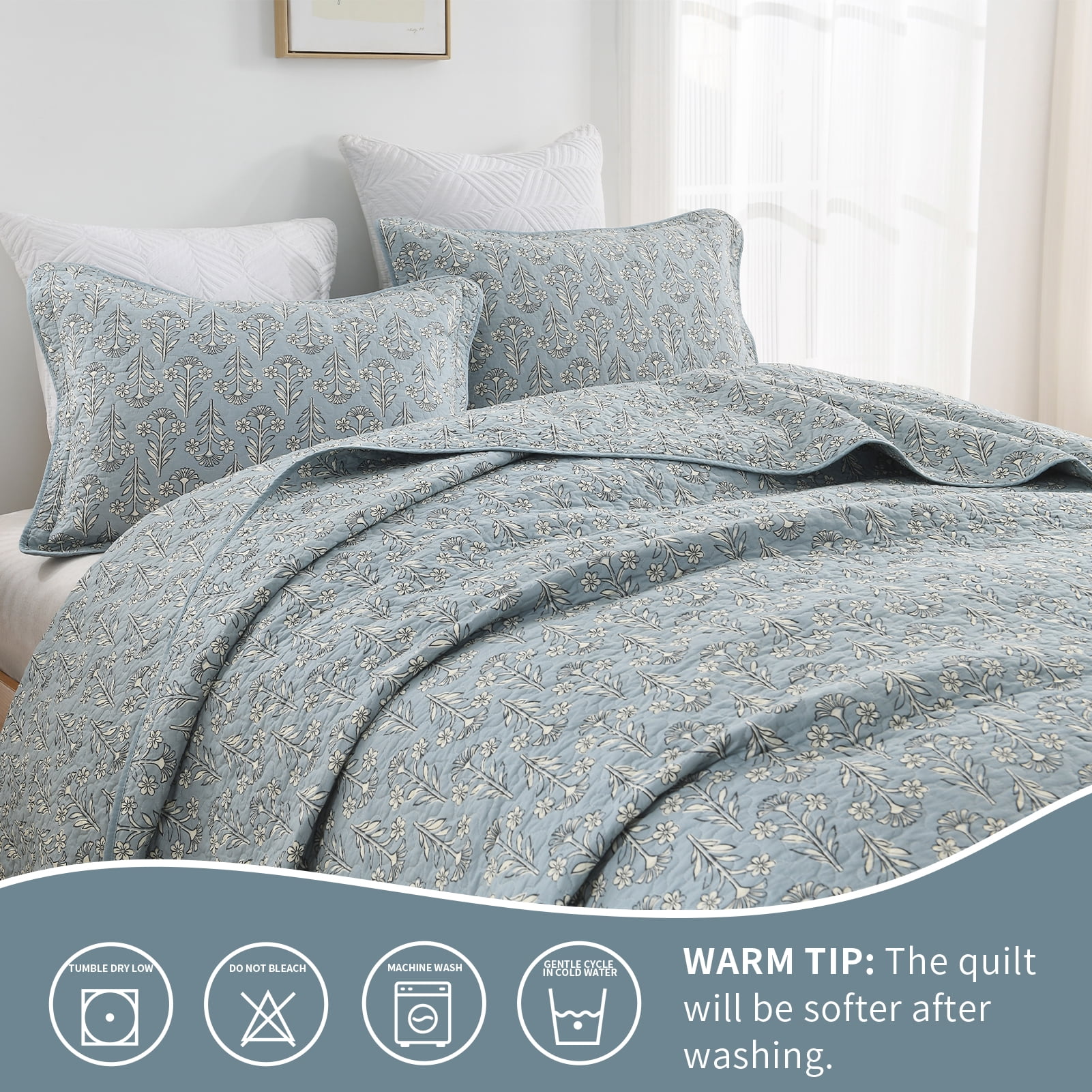 Bedduvit Dusty Blue Floral Quilt, 100% Organic Cotton Queen Size Quilt Set, Lightweight Quilted Bedspread for Queen Bed, Elegant Modern All Season 3-Piece Spring Summer Comforter Bedding Set, 98"x90"