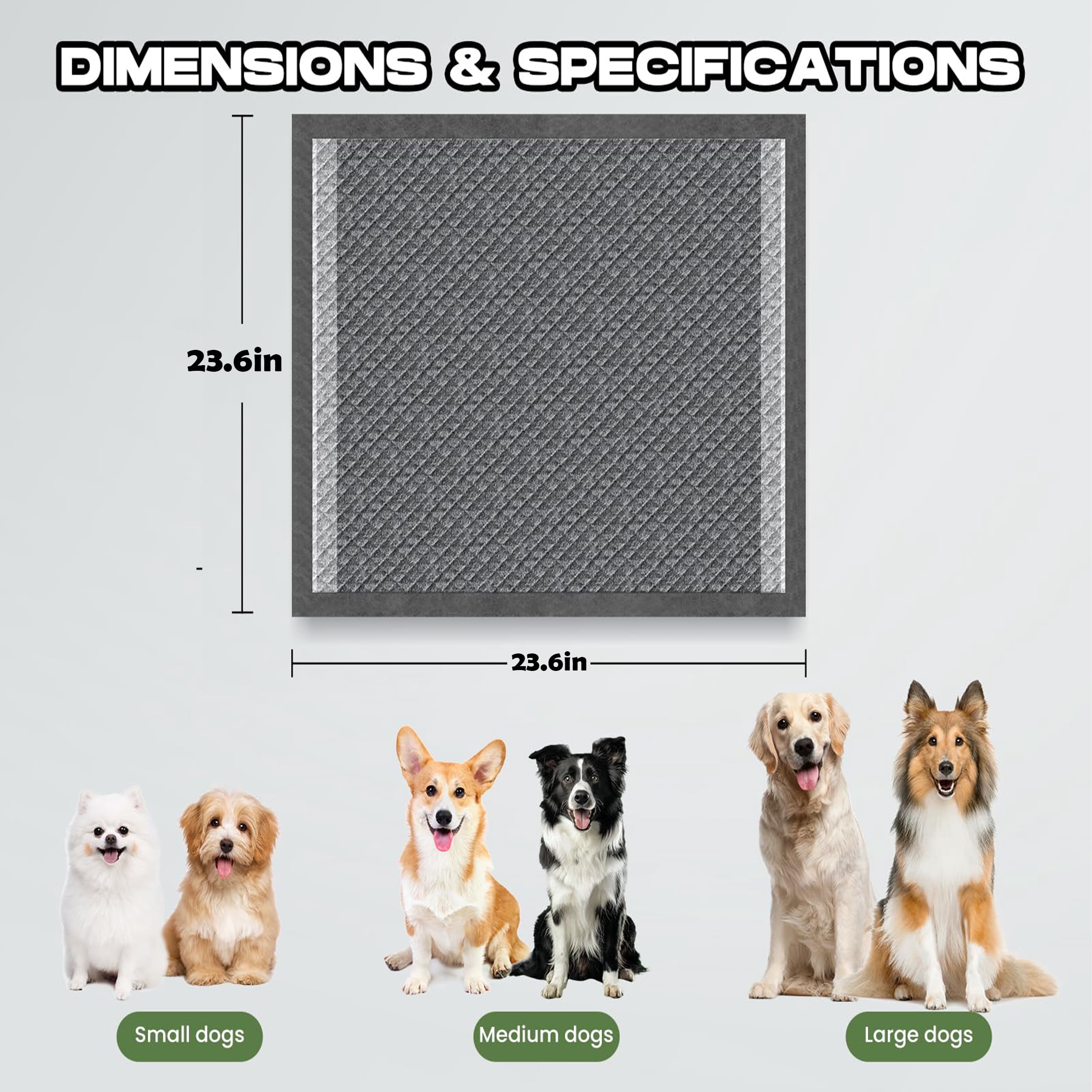 Greenpod Dog Pee Pads for Dogs XXL 23.6"x23.6" Charcoal Puppy Pads 40 Counts Extra Large Disposable Activated Carbon Super Absorbent Full Edge-Wrapping Odor-Control Training Pads with Adhesive Tabs