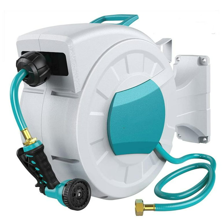 Wall Mounted Retractable Garden Hose Reel Auto Rewind Any Length Lock with  Nozzle Ideal for Garden Watering