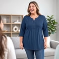 thumbnail image 3 of GRACE & GRANDEUR Blusas de Túnica para Mujeres Tallas Grandes con Pliegues Pintuck, Cuello en V, Manga 3/4, Camisas Henley con Botones, Blusas Casuales 3X Azul Marino, 3 of 7