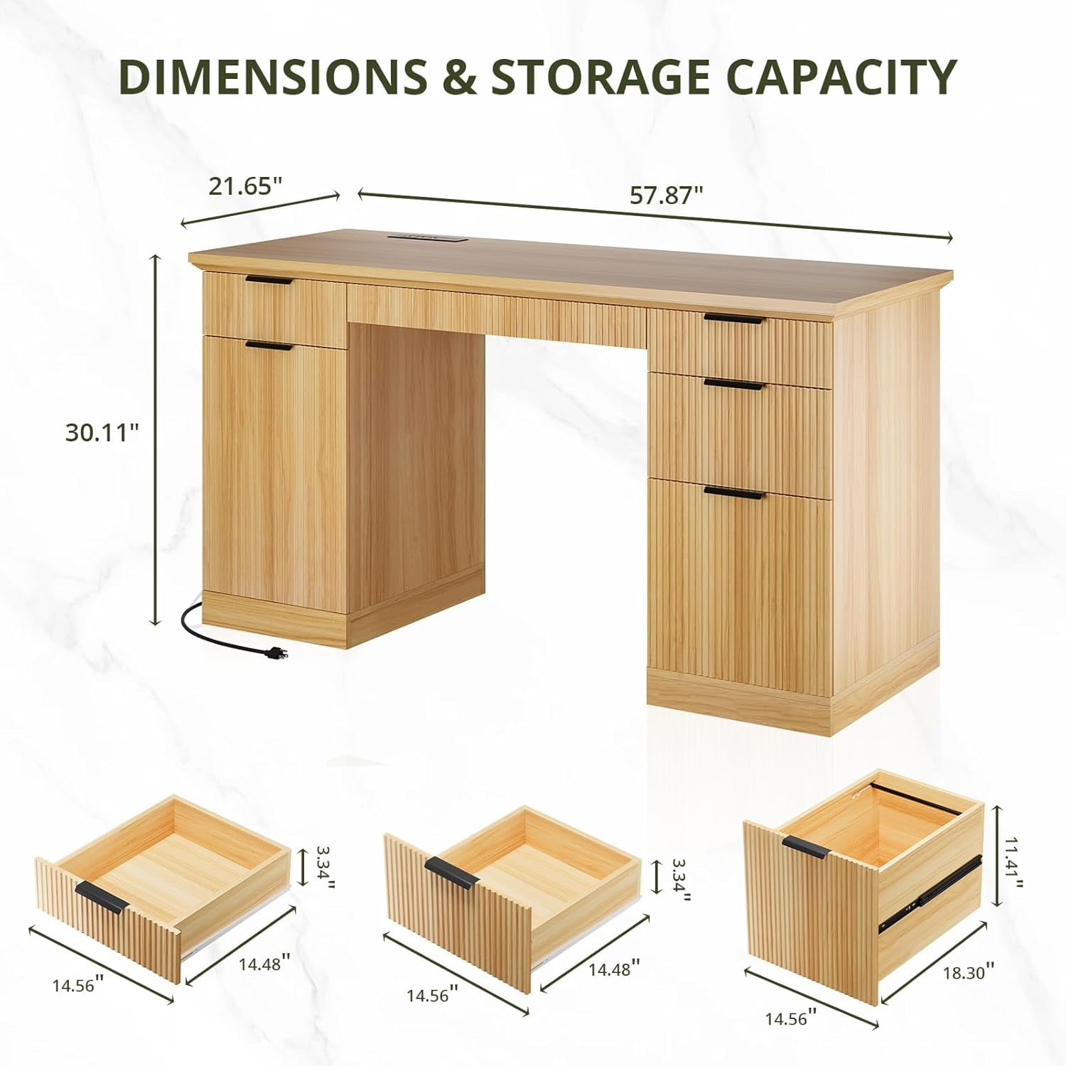 SELOOYE 58" Fluted Modern Desk with Storage, Home Office Desk with 1 File Cabinet & 5 Drawers, Wood Executive Computer Writing Desk for Study, Living Room, Bedroom, Natural Oak