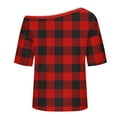 thumbnail image 5 of YUGYXL Women's Off Shoulder Shirt Fashion Plaid Short Sleeve Crewneck Tee Shirts Spring Loose Comfort Casual Tops Red XXL, 5 of 6