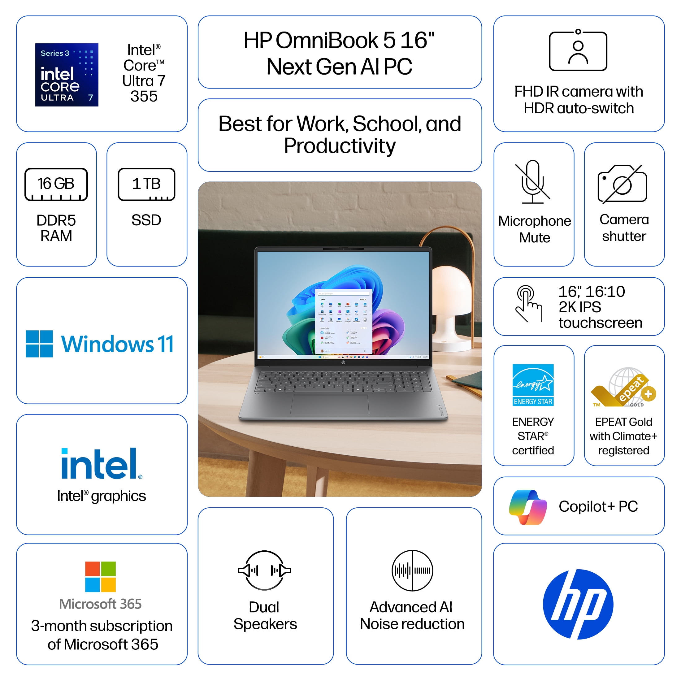 HP OmniBook 5 16 inch Laptop Next Gen AI PC FHD IPS Touch Windows Intel Core Ultra 7 355 16GB 1TB SSD Meteor Silver
