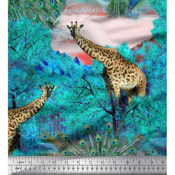 Soimoi Satin Silk Fabric Leaves,Star & Cute Animals Jungle Print Fabric by the Yard 42 Inch Wide