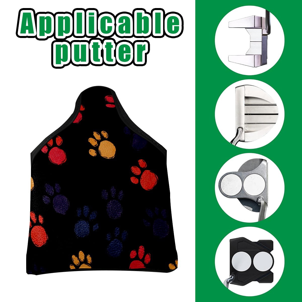 Golf Mallet Putter Cover Premium Leather Waterproof Golf Putter Head Cover with Magnetic Closure Colorful Dog Paw Prints