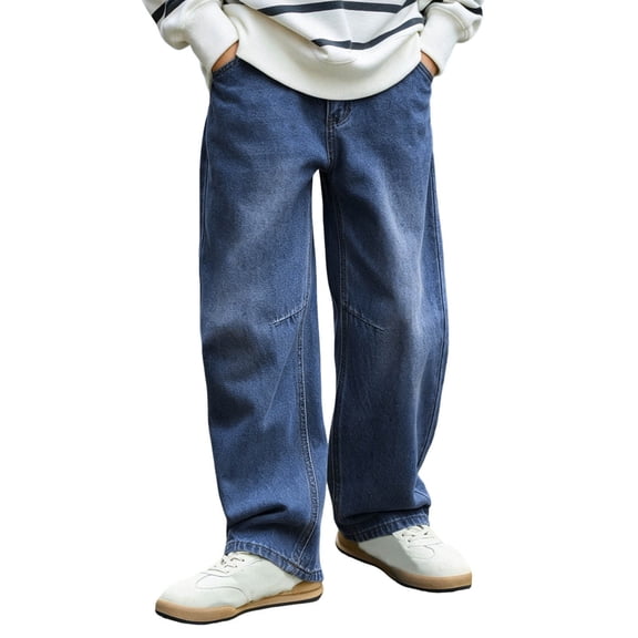 Posijego Boys Straight Leg Jeans Vintage Denim Trousers Teen Boys Wide Leg Long Jean Pants with Pockets 5-15 Years