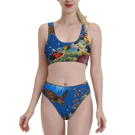 Bixox Colorful Coral Reef Pattern Two-Piece Sports Bikini with U-Shaped Top and High-Waist Bottom - Women s Swimwear with Removable Bra Pads