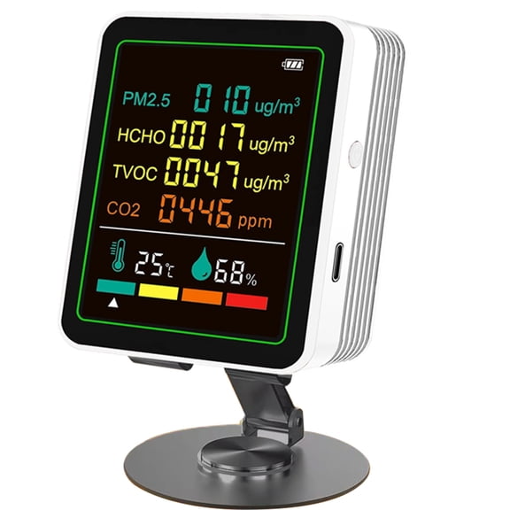 6in1 Digital Air Quality Monitor Detector Formaldehyde TVOC PM2.5 /CO2 Meter Temperature Humidity Tester White,1 x Detector 1 x Stand,White