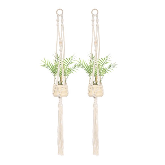 Uxcell 2 Pack Macrame Plant Hanger 39" Holder with 1 Net and Wood Ring for Plants White