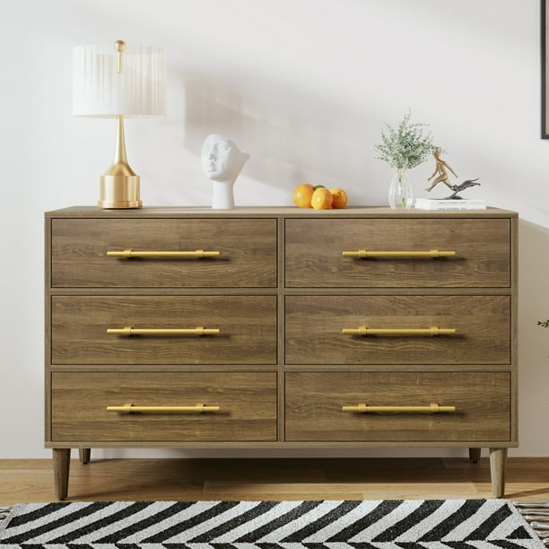 MidCentury Modern Dresser with Golden Handles, SixDrawer, Natural