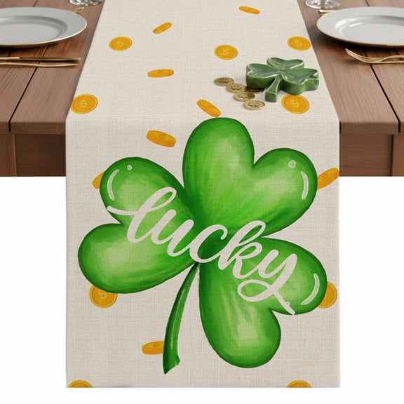 St. Patrick's Table Runner 13 x 36 Inch, Day Lucky Clover and Coin Retro Linen Washable Cotton Linen Dining Table Runner Tabletop Decorations for Restaurant Home Kitchen Party