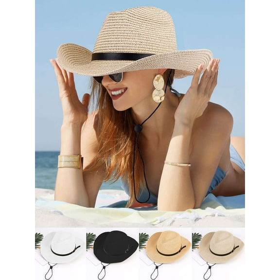 Spencer Straw Cowboy Hats for Men Women Western Cowgirl Woven Sun Hat Wide Brim Roll Up Fedora Hat for Beach Travel, Khaki