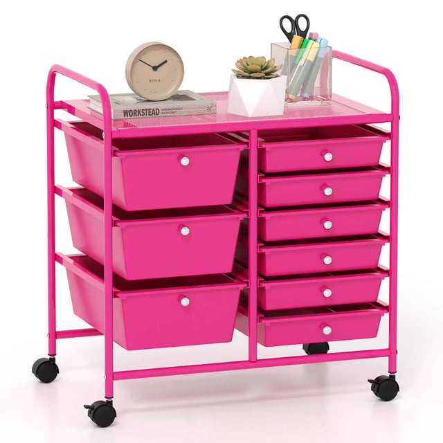 Costway 9 Drawer Rolling Organizer Cart Utility Storage Tools Scrapbook Paper Multi-Use Hot Pink