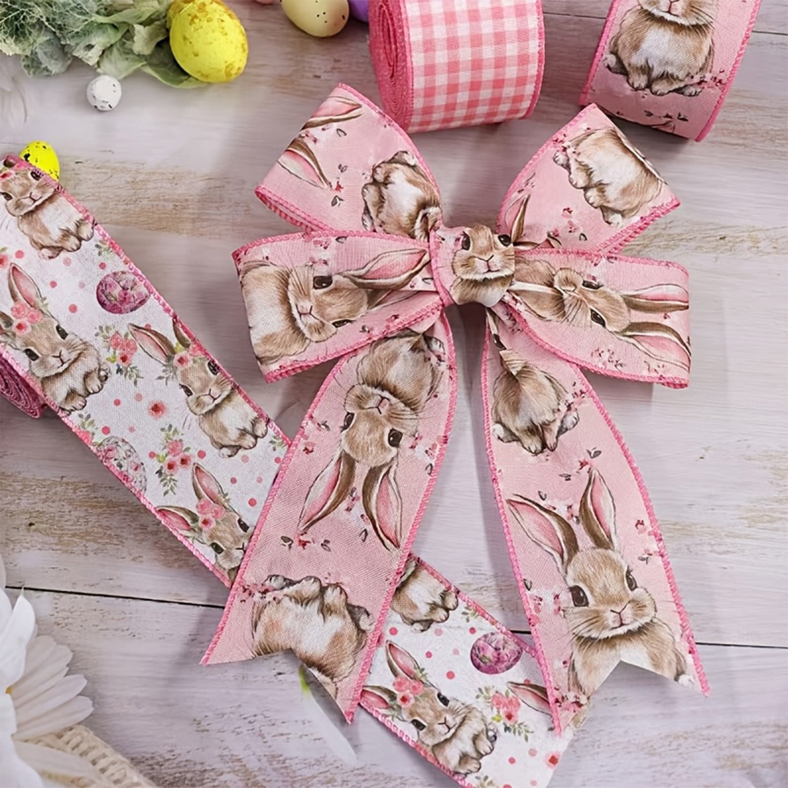 DAMAI Easter Wired Edge Ribbon Spring Floral Bunny Wired Ribbon Watercolor Easter Rabbit Flower Fabric Craft Ribbon for Gift Wrapping Floral Arrangement Wreath Bow DIY Crafts