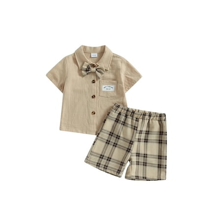 

2Pcs Toddler Baby Boys Short Set Short Sleeve Shirt Tops with Bowtie + Plaid Shorts