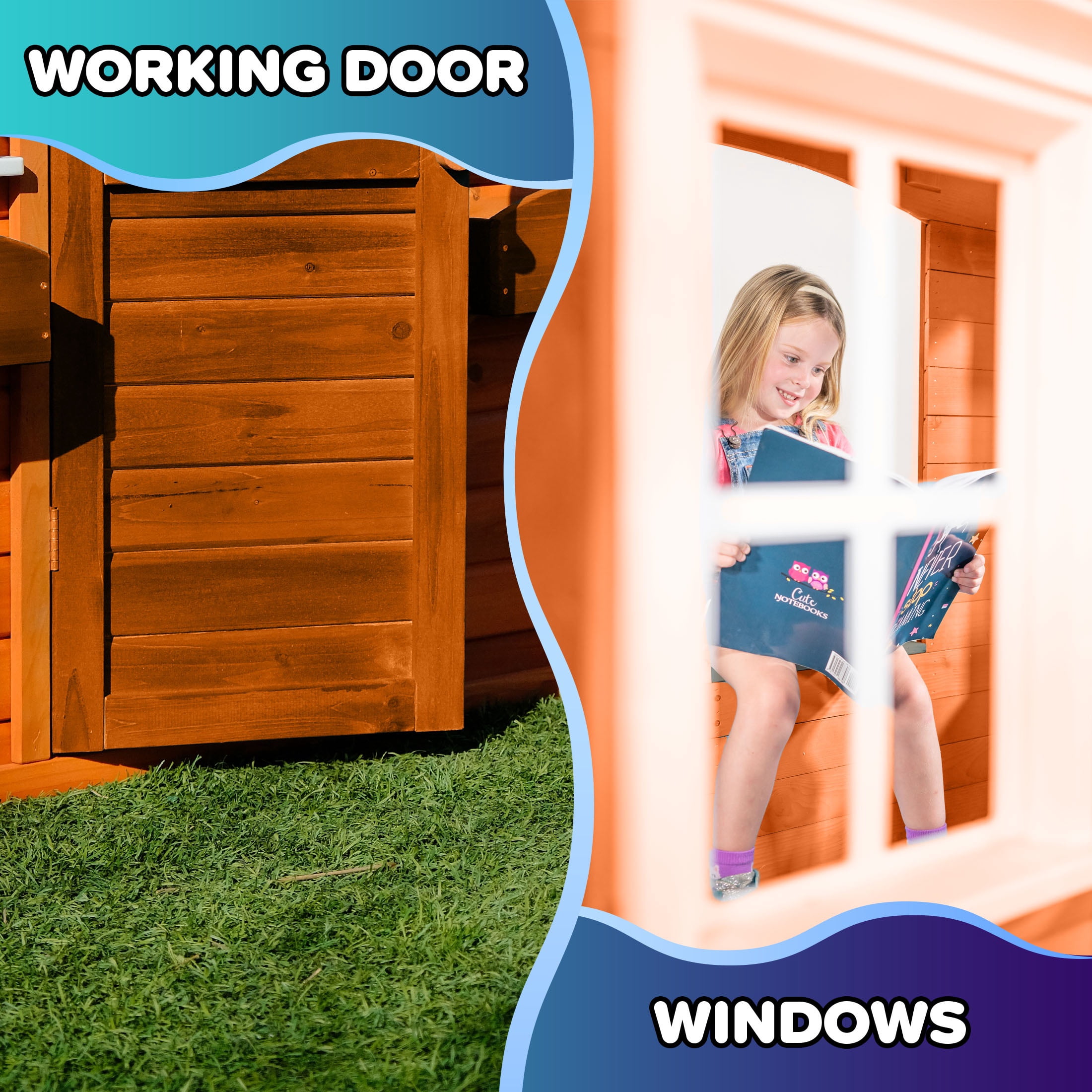 Sportspower Wooden Swing and Playhouse Set with Bench & Working Door, for Kids Aged, 3–8, ASTM Certified