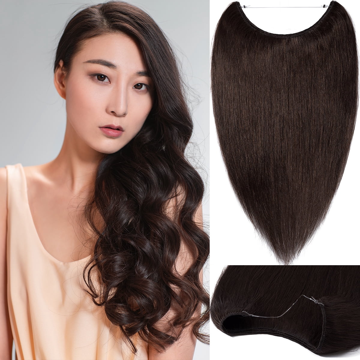 SEGO Wire in Human Hair Extensions Hidden Hair Extensions with Invisible Band Translucent Fish Line Hairpiece without Clip