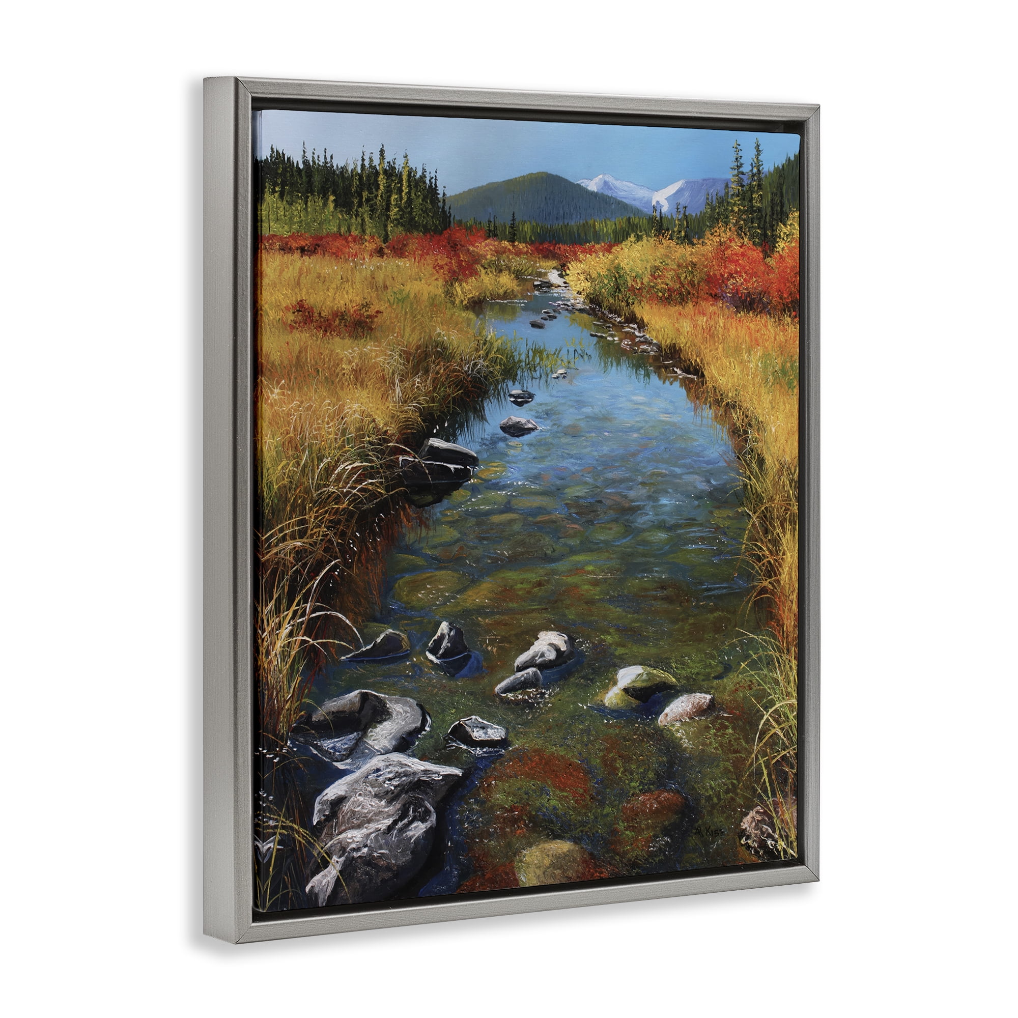 Stupell Industries Outflow From Lake Landscape & Nature Painting Gray Floater Framed Canvas Art Print Wall Art, 25 x 31