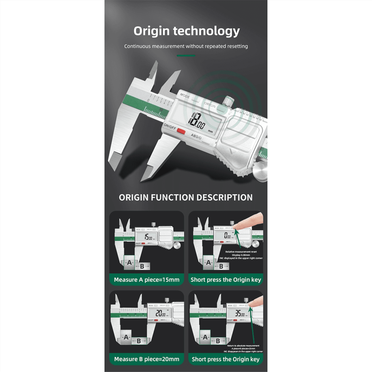 150mm Stainless Steel Caliper Zero Setting 0.01mm High Precision 6-Inch for Mechanical Components Measure,1 x Digital Caliper,Green