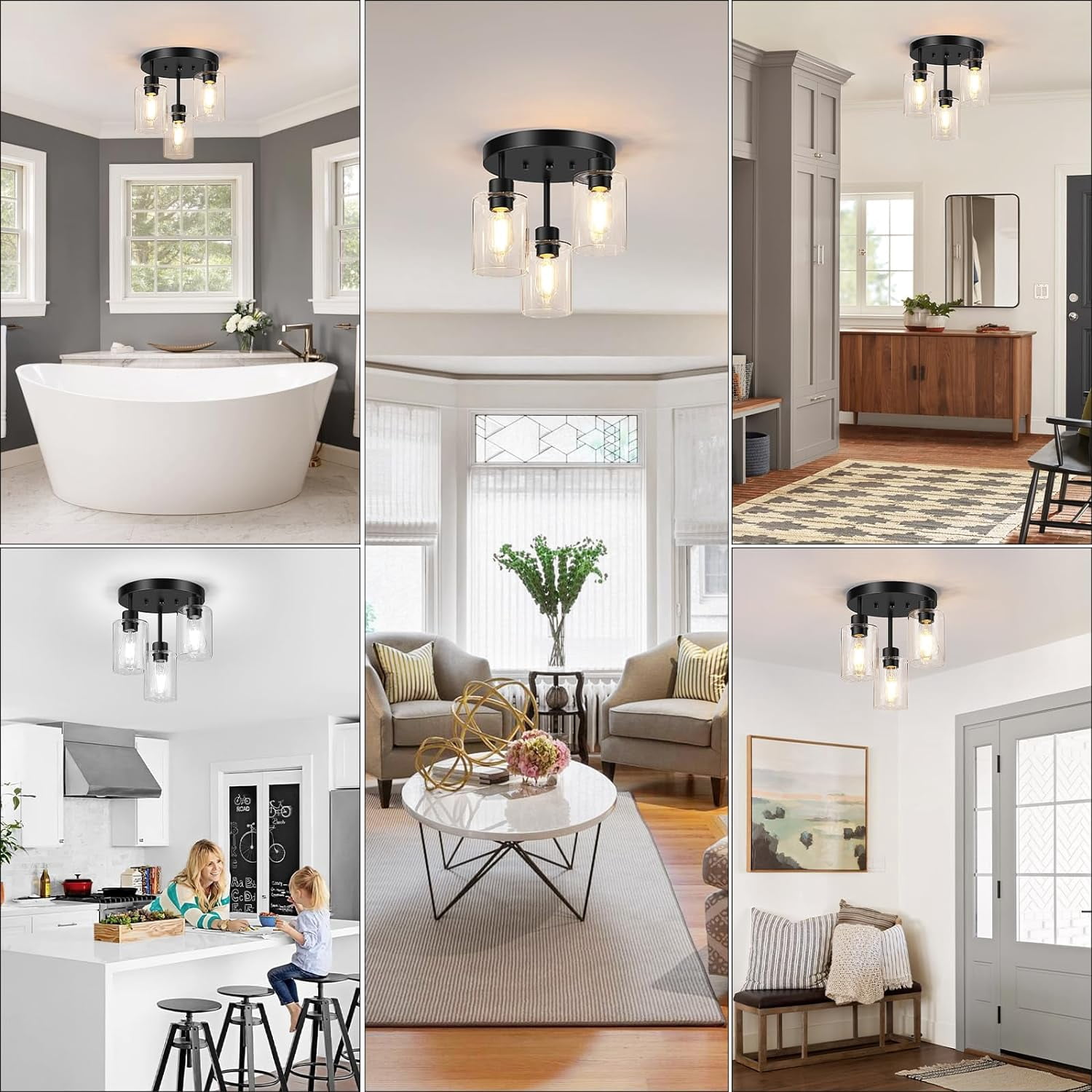 Licperron Farmhouse 3-Light Black Flush Mount Ceiling Light Fixtures with Clear Glass Shades