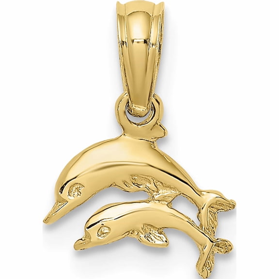 10K Yellow Gold 2-D Mini Double Dolphins Swimming Charm (6.75 X 9.45) Made In United States -Jewelry By Sweet Pea