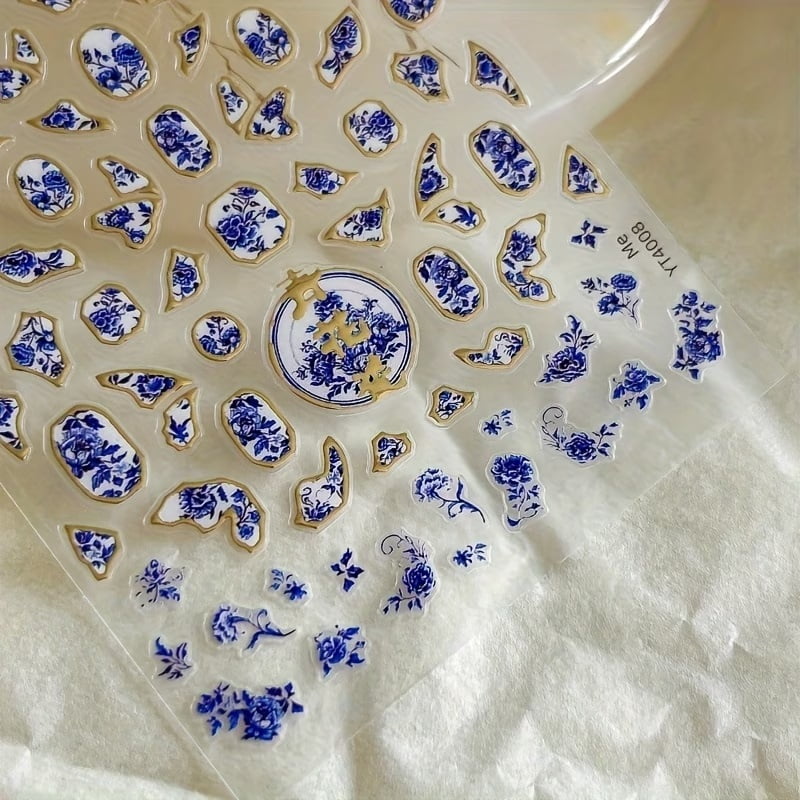 5D Embossed Chinese Style Nail Stickers - Shiny Self-Adhesive Floral Ceramic Design with Golden Accents for Nail Art and Decoration