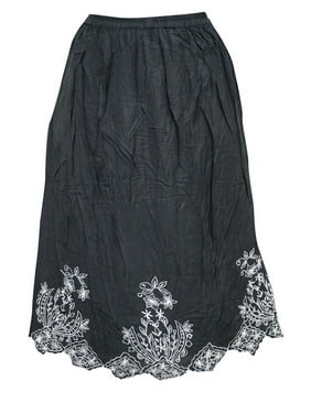 Mogul Women's Peasant Skirt Black Floral Ethnic Embroidered Rayon Skirts