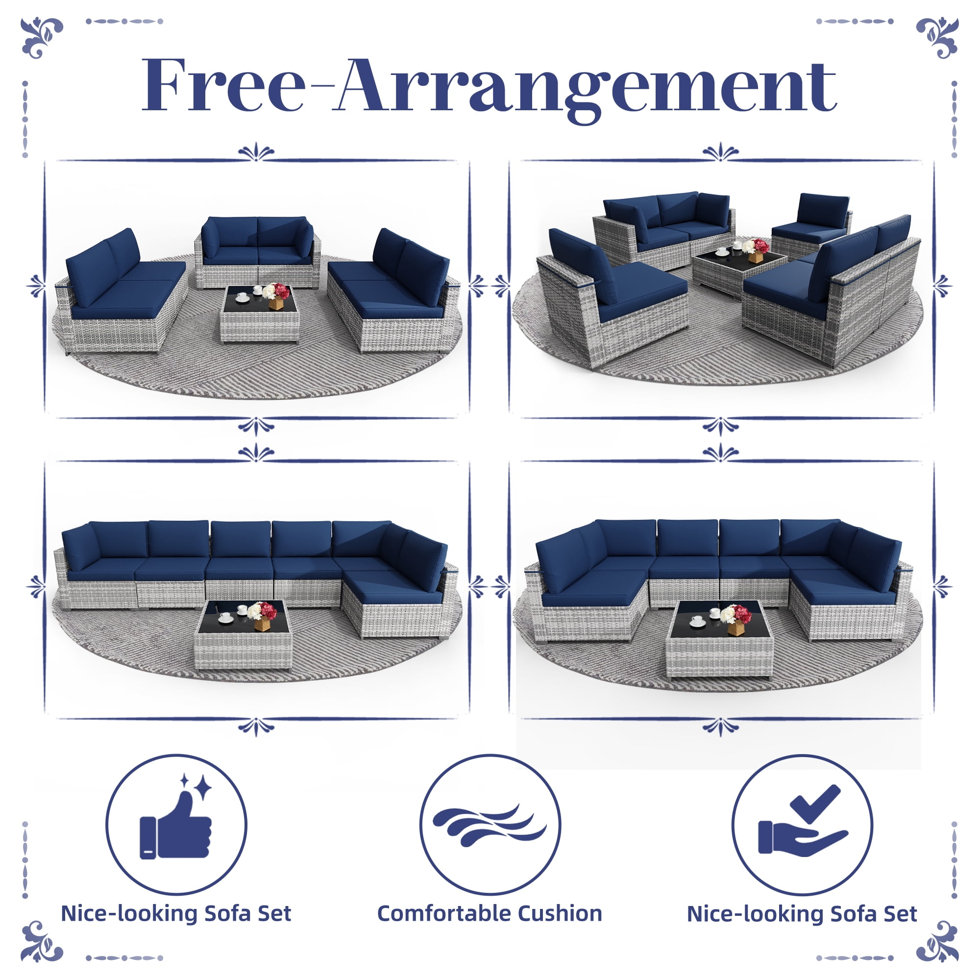 KIGOTY 7 Piece Outdoor Patio Furniture, Wicker Rattan Outdoor Conversation Set Sectional Sofas for Backyard, Garden, Gray-white Navy blue