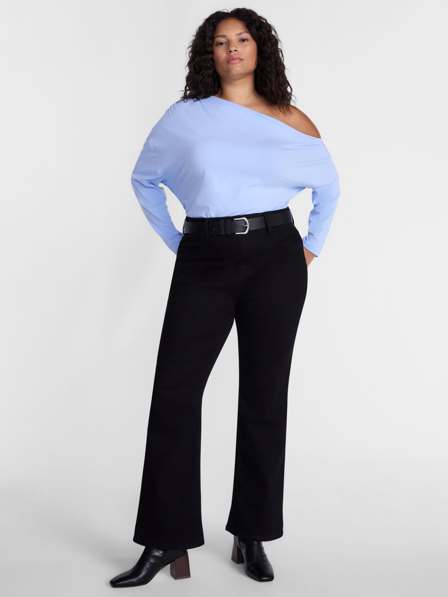 Terra & Sky Women’s Plus Asymmetrical Pleated One Shoulder Top with Long Sleeves, Sizes 0X-5X