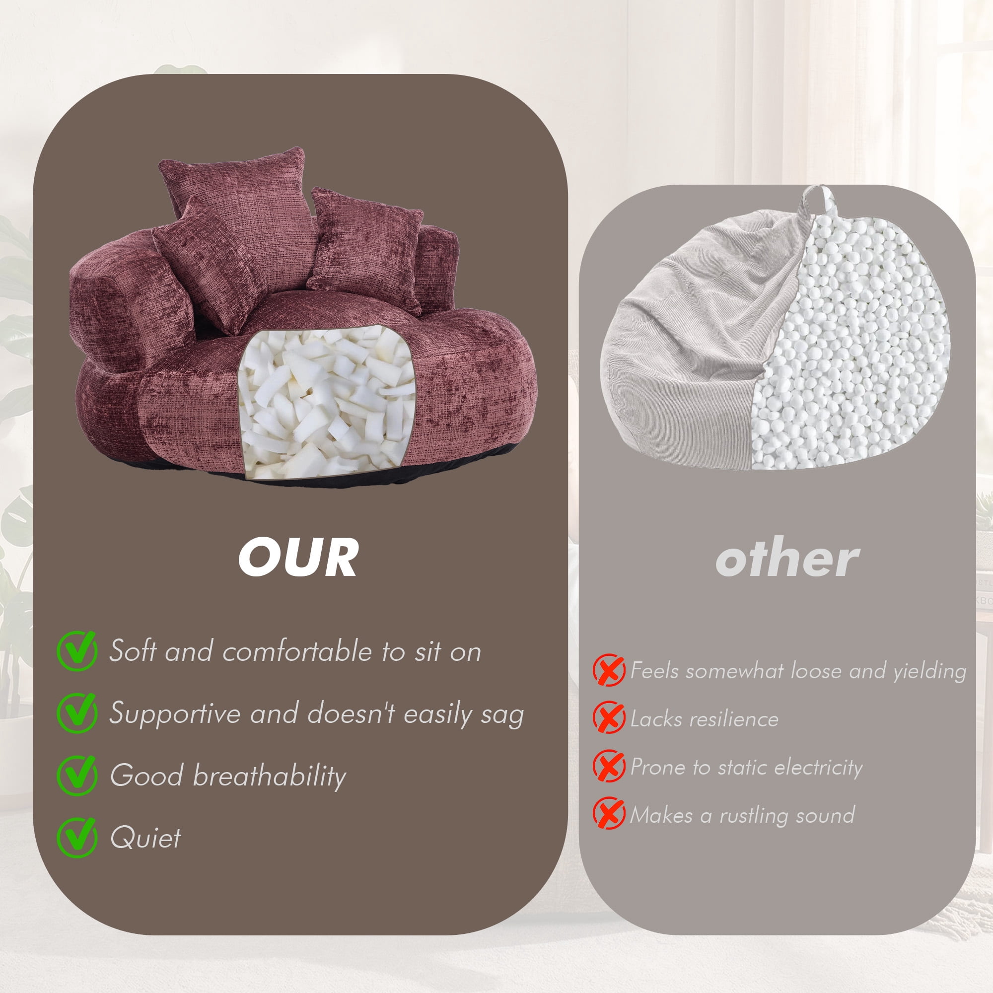 MOONMISS Oversized Bean Bag Chair, Chenille Lazy Bean Bag Sofa with Wrap-Around Backrest & Pillows for Living Room,Wine Red