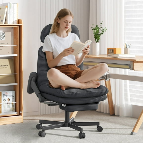 HomeZeer Ergonomic Cross-Legged Office Chair with Footrest & Headrest, Heavy Duty Executive Desk Chair with Flip-up Armrests, Corduroy Fabric Computer Criss Cross Chair for Home Office, Black