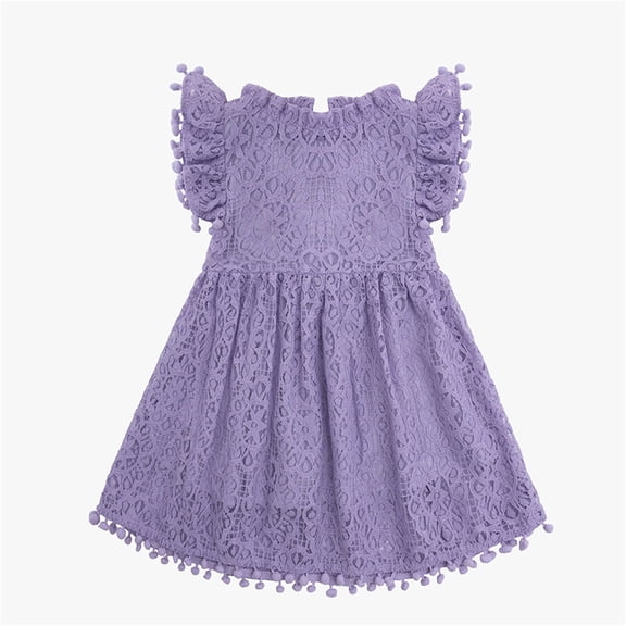 Bobifish Big Girls Dresses Crew Neck Ruffle Cap Sleeve Lace Pom Pom Ruffled Smocked A-Line Dresses Party Dresses