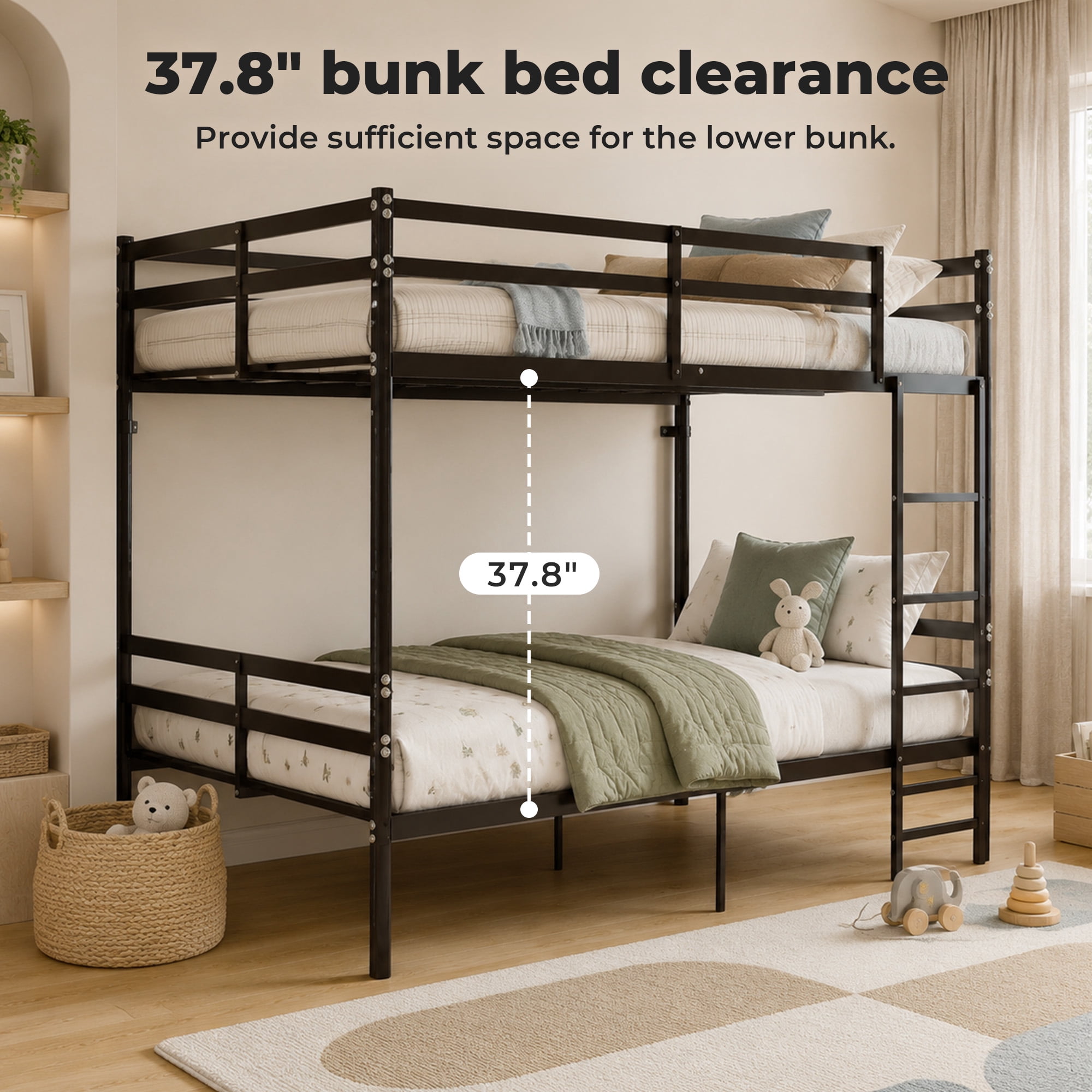 Alvantor Bunk Bed Full over Full for Kids, Metal Bunk Bed with Stairs and Anti-tip Bracket Black