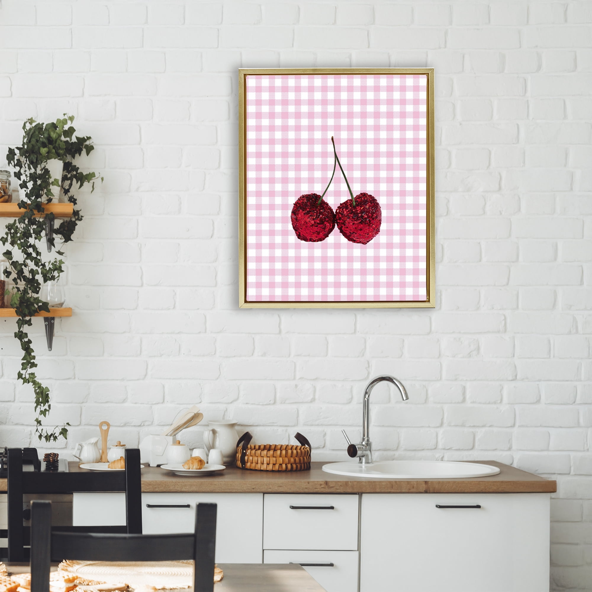 Stupell Industries Glitter Cherry on Pink Gingham Gold Framed Floater Canvas Wall Art, design by LISH Creative