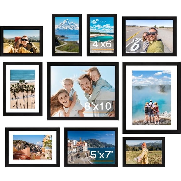 FIXSMITH 10 Pack Picture Frames Collage Wall Decor for Mounting or Tabletop Display, Gallery Frame Set with Two 8x10 Black Frames, Four 5x7 and 4x6 Multi-Pack Photo