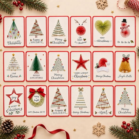 Christmas Embroidery Kit, 18 Pre-Printed DIY Christmas Cards, Paper Embroidery and String Art Stitching Kit
