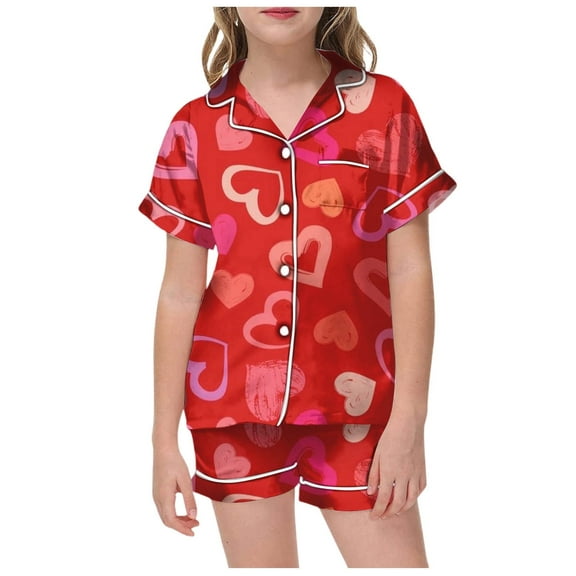Kids Silk Pajamas Girls Button Down Short Set Sleepwear for Children Shirt and Pant Matching Valentine's Day Pjs Heart Print Loose Home Clothes 2 Piece Satin Pajama Outfits(Red,6-7 Years)
