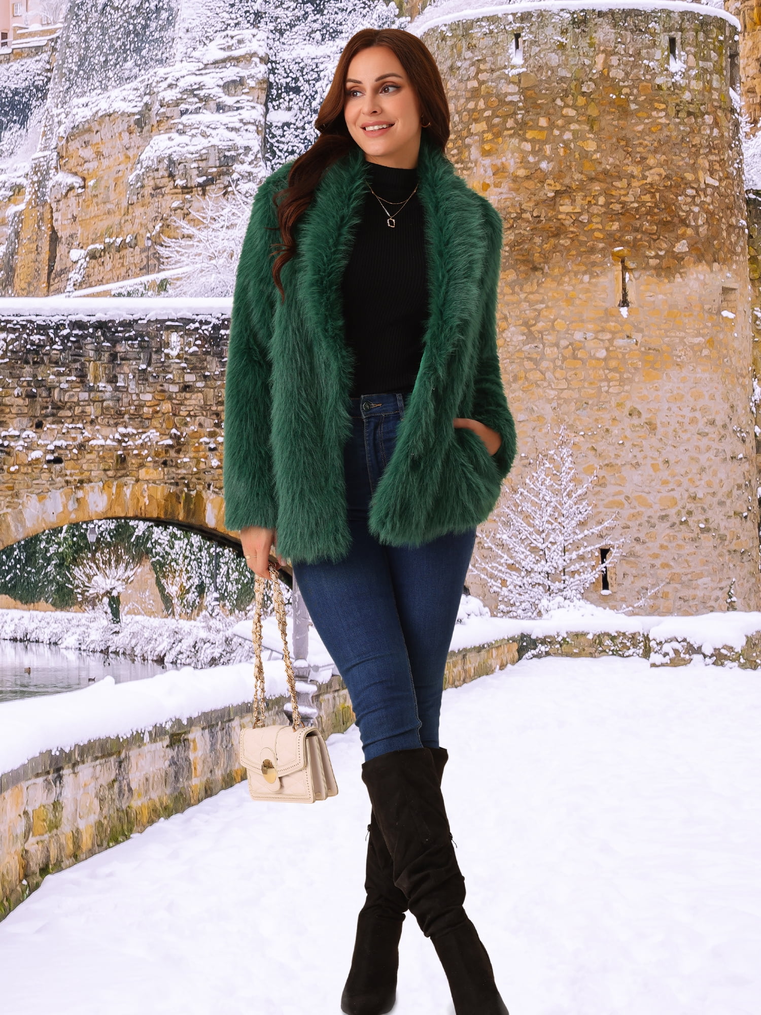 DARING DIVA Women's Faux Fur Coat Long Sleeve Lapel Shaggy Jackets with Pockets S Dark Green