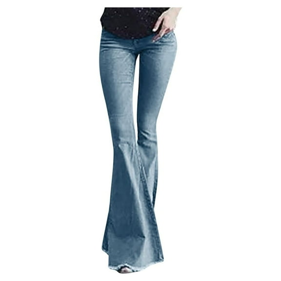 Labakihah Jeans For Women Women Flare Mid Waisted Denim Jeans Pocket Stretch Slim Tassel Pants Jeans Wide Leg Jeans For Women Blue