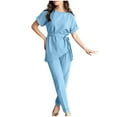 thumbnail image 1 of Birdeem Printemps et Été Femmes Élégant Bandage Uni Décontracté Manches Courtes Col Rond Blouses Hauts Ensembles Pantalons Longs, 1 of 12