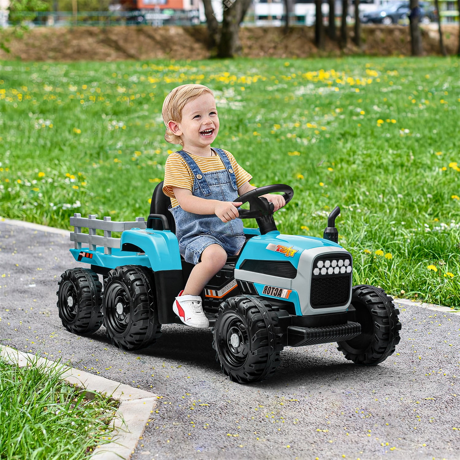 CIPACHO 12V Battery-Powered Kids Toy Tractor with Trailer and 3-Gear-Shift Ground Loader Ride On with USB&Bluetooth, Blue CIPACHO 12V Battery-Powered Kids Toy Tractor with Trailer and 3-Gear-Shift Ground Loader Ride On with USB&Bluetooth, Blue