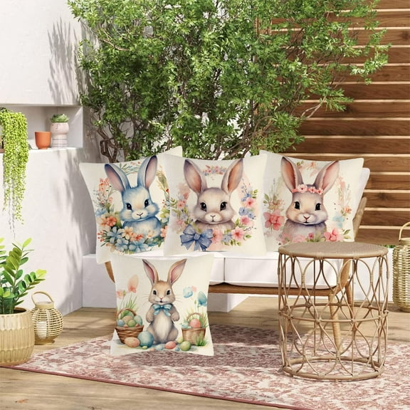 Xuniizn Easter Pillow Covers 18x18" Cute Easter Bunny Printing Linen Throw Pillow Covers for Bedroom Living Room Couch Sofa Decor, Easter Decorations