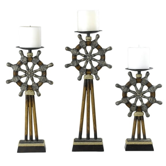 Capi 3pc Candle Holder Set w Candles, Bronze Wheel Shape, Solid Base