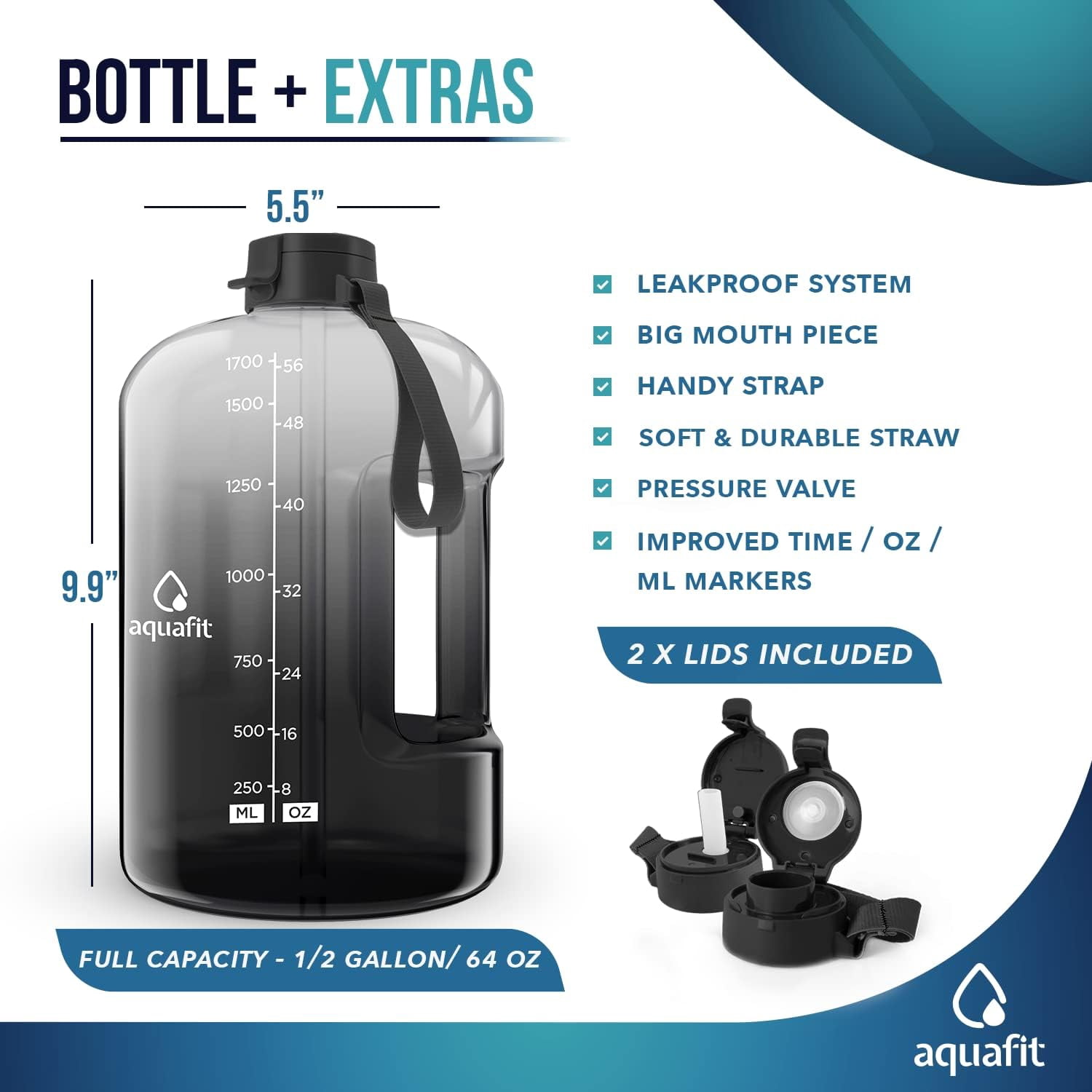 AQUAFIT - Water Bottle with Straw - Motivational Big Water Bottle with Time Marker - Half Gallon, Gray Fade