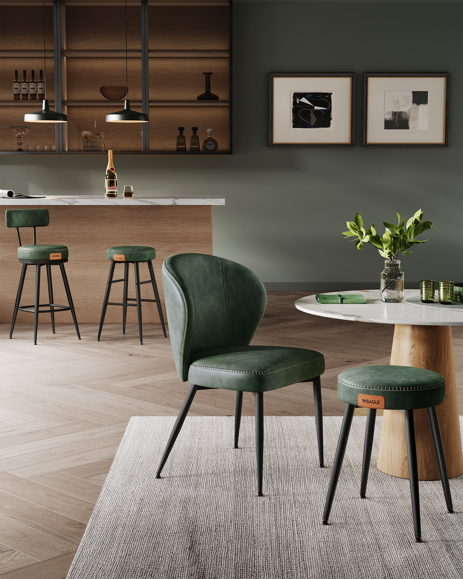 VASAGLE EKHO Collection - Bar Stools Set of 2, Counter Height Swivel Bar Stools with Back, Synthetic Leather with Stitching Forest Green