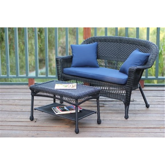 Jeco Wicker Patio Love Seat and Coffee Table Set with Blue Cushion-Finish:Black