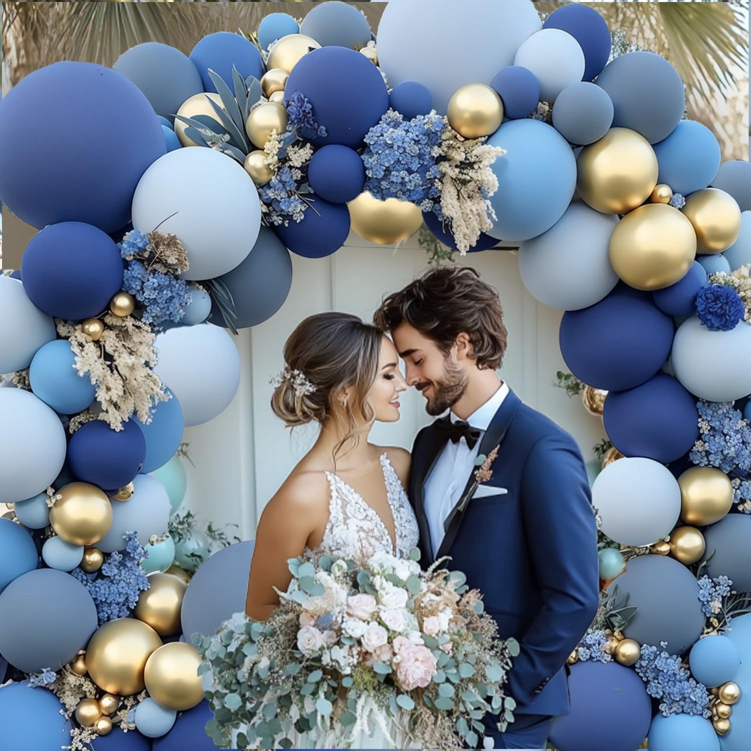 Dusty Blue Gold Balloons Arch Kit, Double Stuffed Pastel Balloon Arch Pastel Light Dark Denim Pale Blue Balloons With Blue Gold Balloons for Birthday Wedding Graduation Party Decorations
