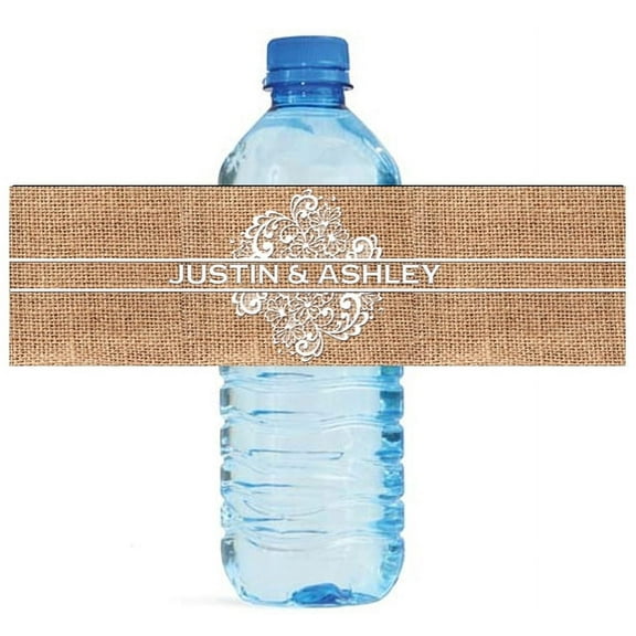 100 Burlap and Lace Wedding Water Bottle Labels Great for Engagement Bridal Shower Party 7"x2"